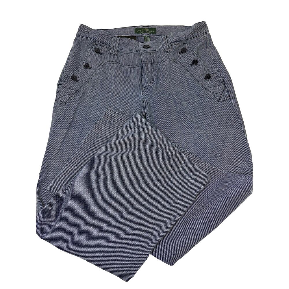 Ralph Lauren Sz 8 Navy Striped Denim Sailor Trouser Pant With Detail Stitching